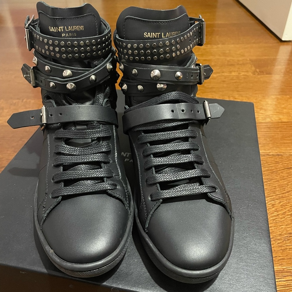 YSL Saint Laurent Black Studded Strap High-Top Sneakers